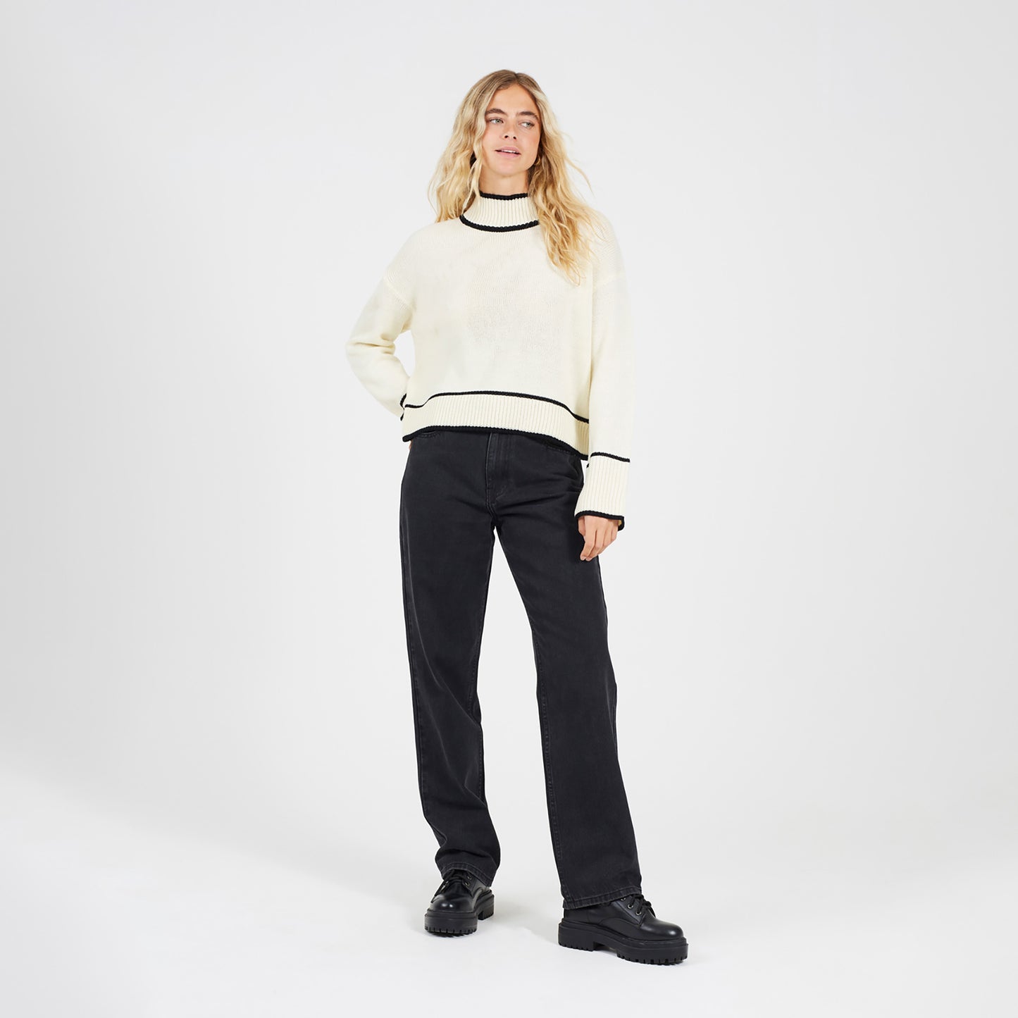 Brave Soul Cream Turtleneck Knitted Jumper with Contrast Trim - Cream Image 3