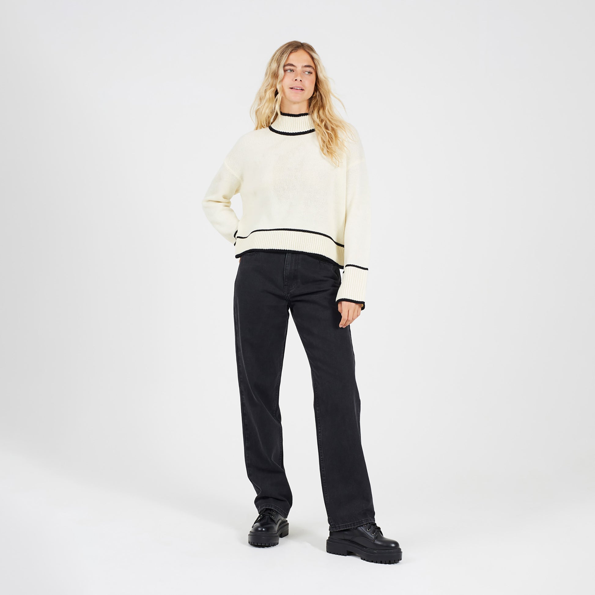 Brave Soul Cream Turtleneck Knitted Jumper with Contrast Trim - Cream Image 3