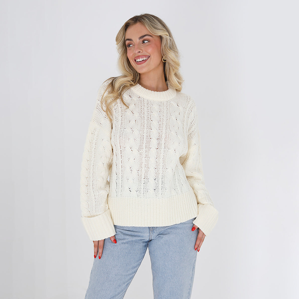 Brave Soul Ivory Crew Neck Cable Knit Jumper - Ivory Image 1