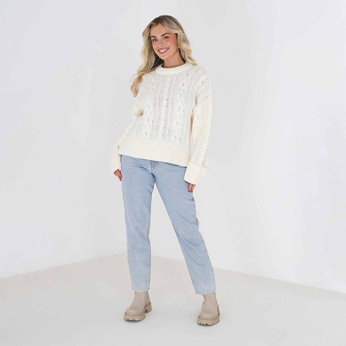 Brave Soul Ivory Crew Neck Cable Knit Jumper - Ivory Image 3