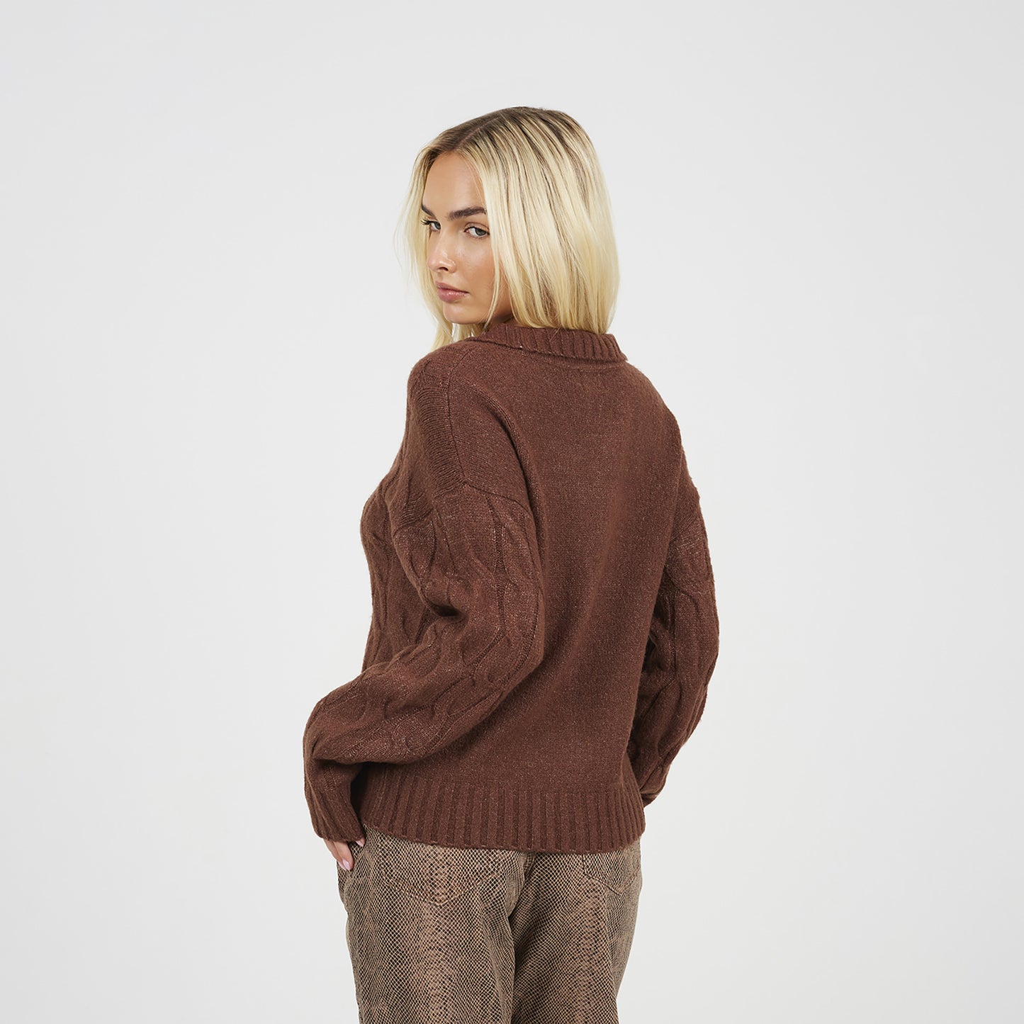 Brave Soul Brown Collared Cable Knit Jumper - Brown Image 2