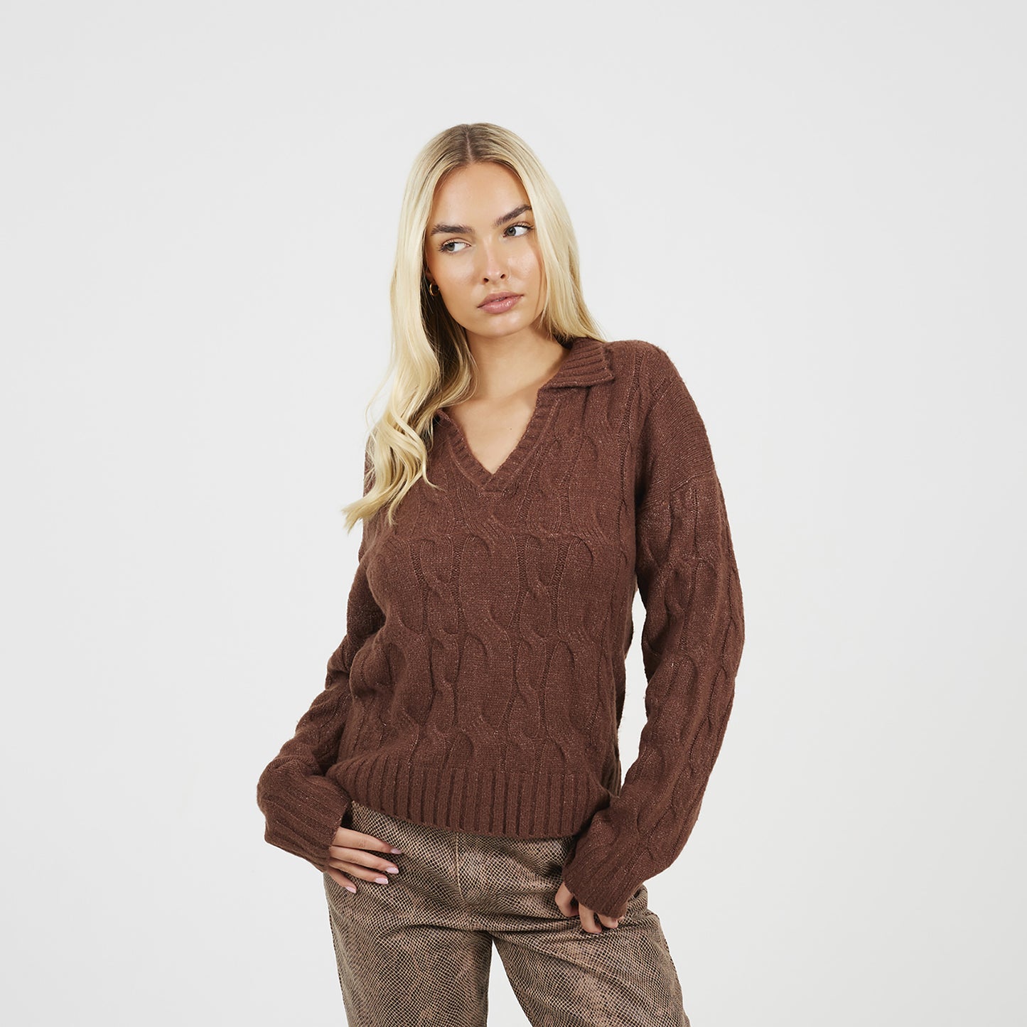 Brave Soul Brown Collared Cable Knit Jumper - Brown Image 1