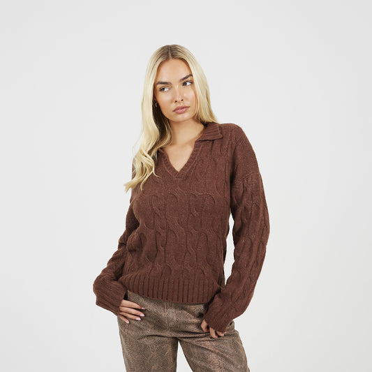 Brave Soul Brown Collared Cable Knit Jumper - Brown Image 1