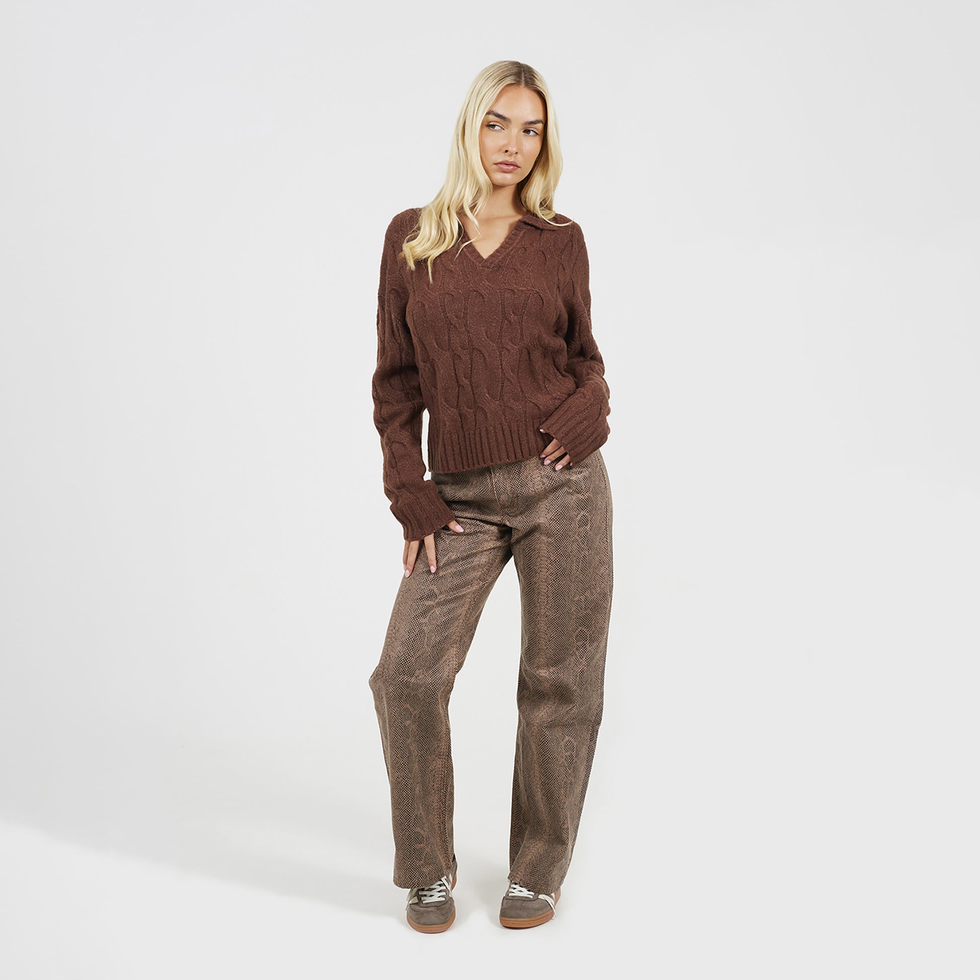 Brave Soul Brown Collared Cable Knit Jumper - Brown Image 3
