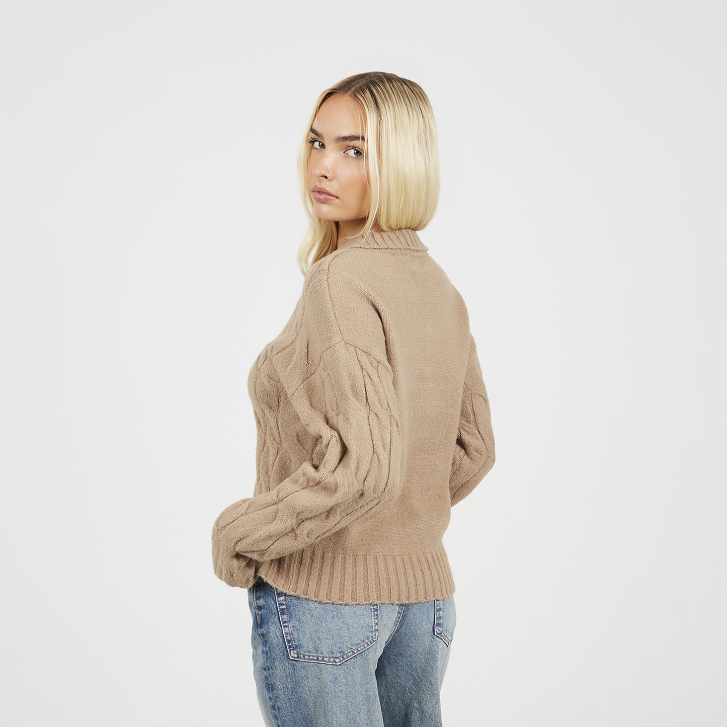Brave Soul Beige Collared Cable Knit Jumper - Beige Image 2