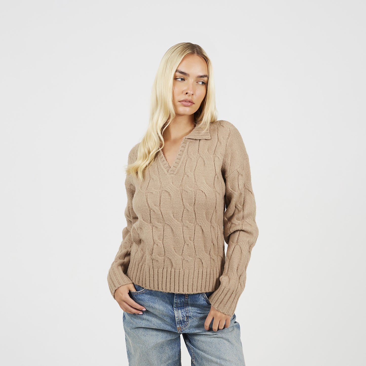 Brave Soul Beige Collared Cable Knit Jumper - Beige Image 1