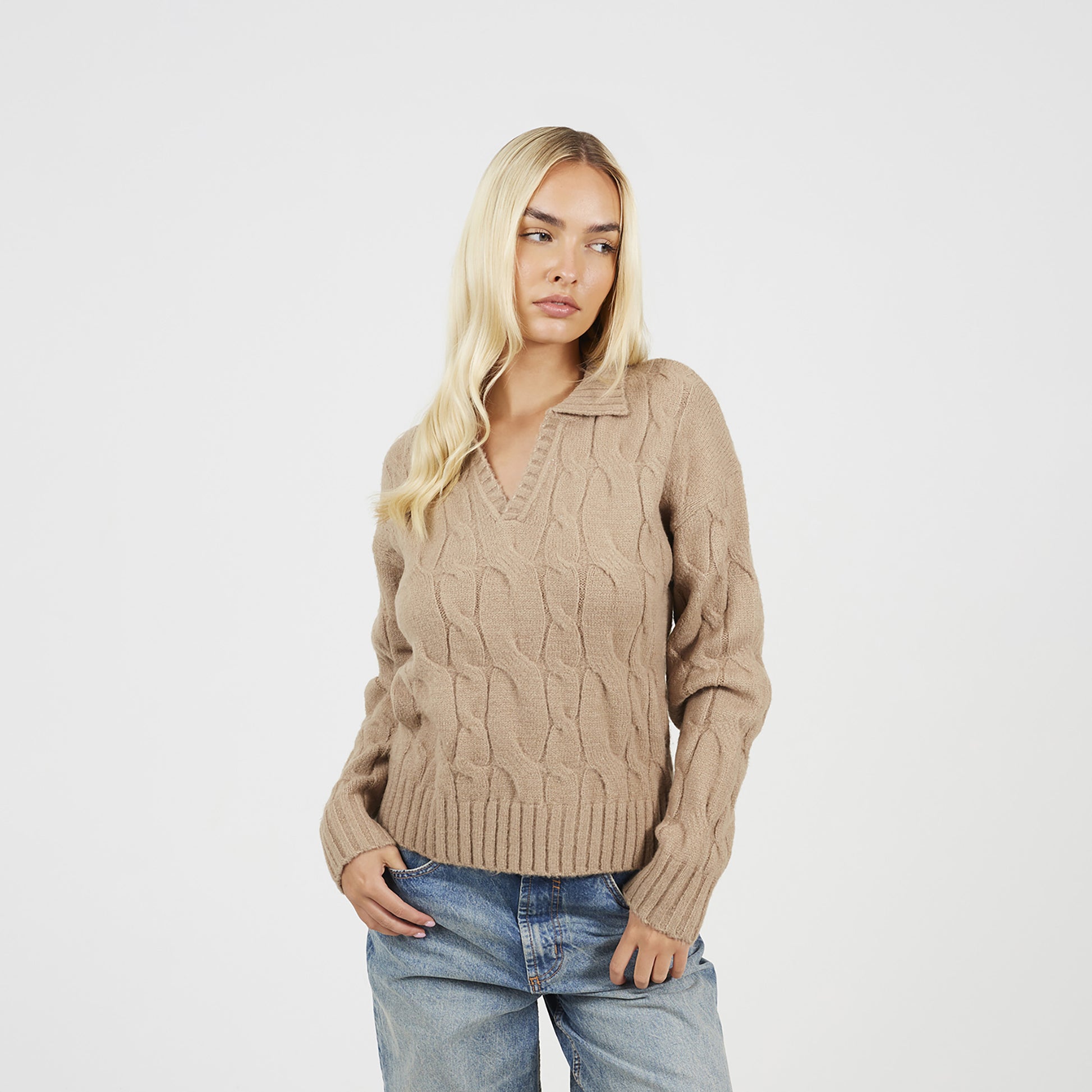 Brave Soul Beige Collared Cable Knit Jumper - Beige Image 1