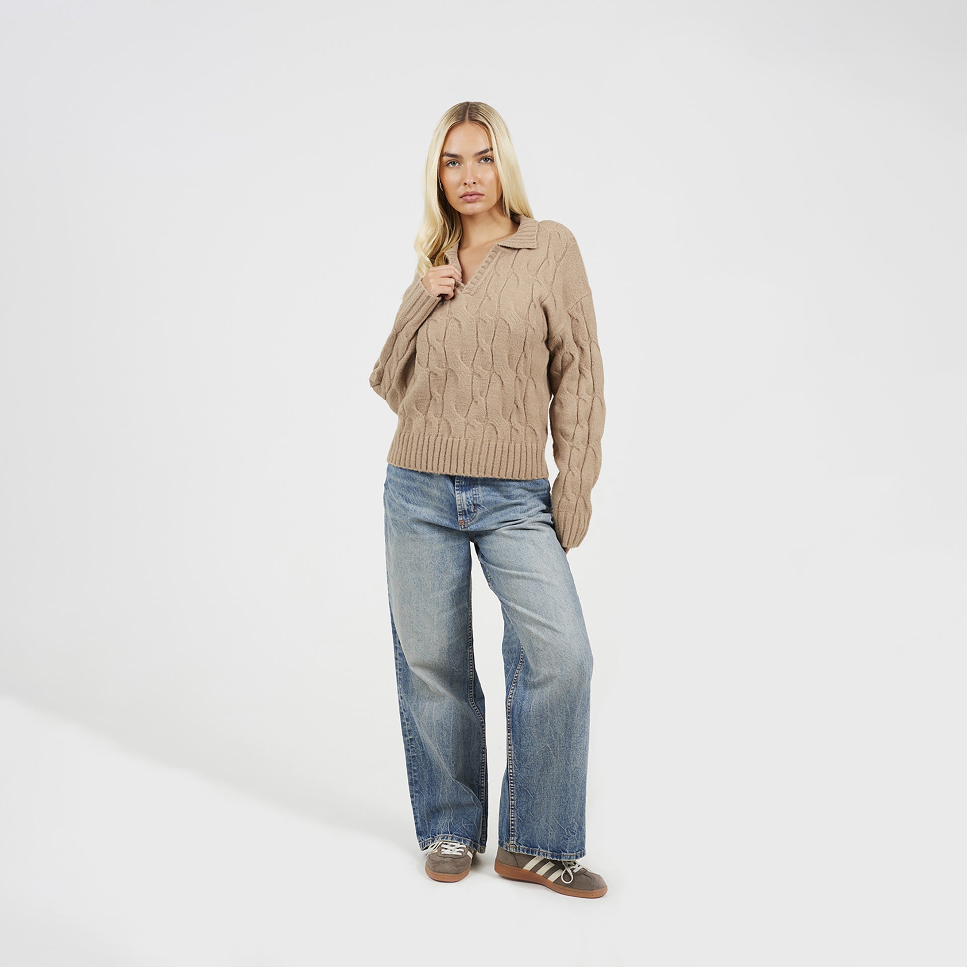 Brave Soul Beige Collared Cable Knit Jumper - Beige Image 3