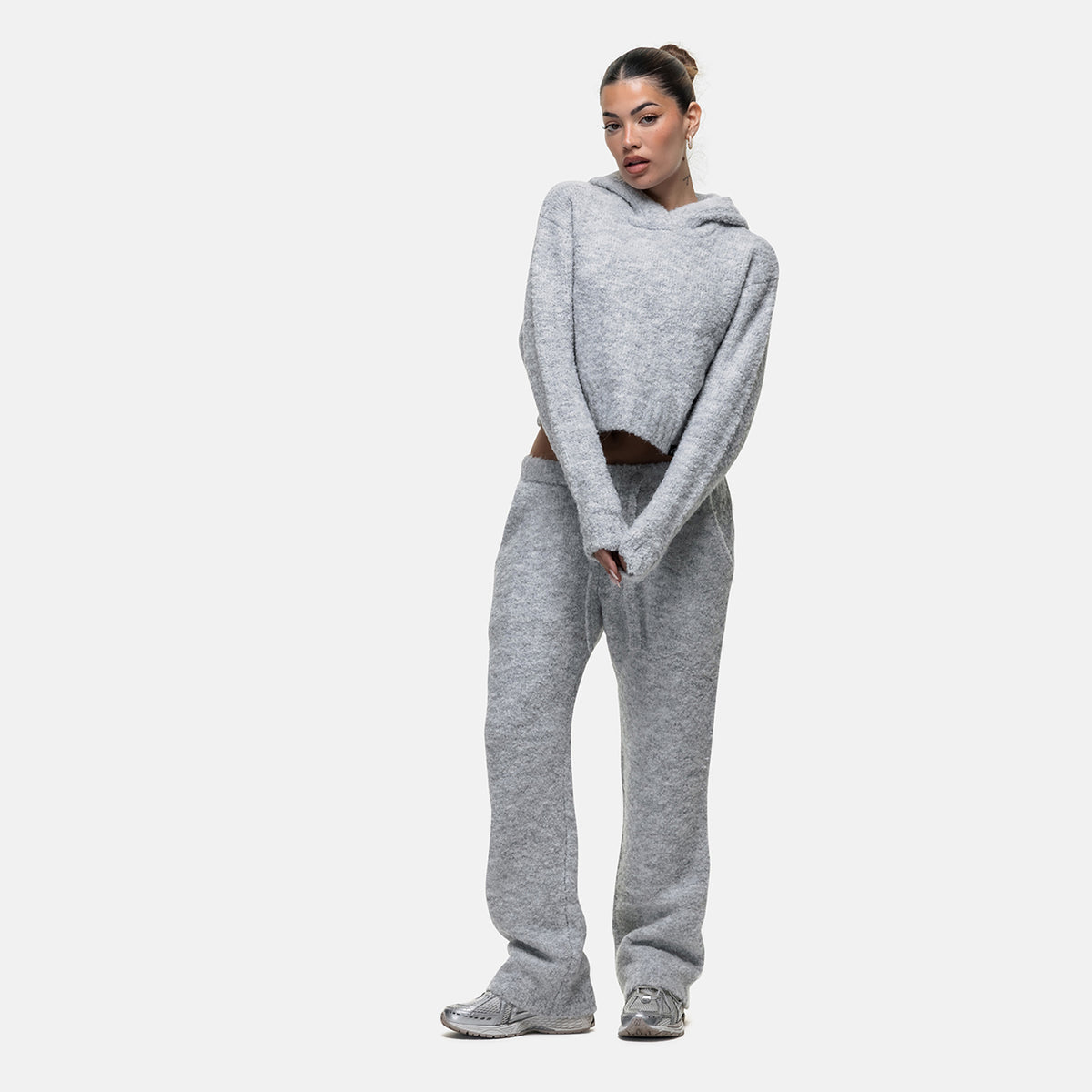 Good For Nothing Grey Cropped Bouclé Knitted Hoodie - Grey Image 4