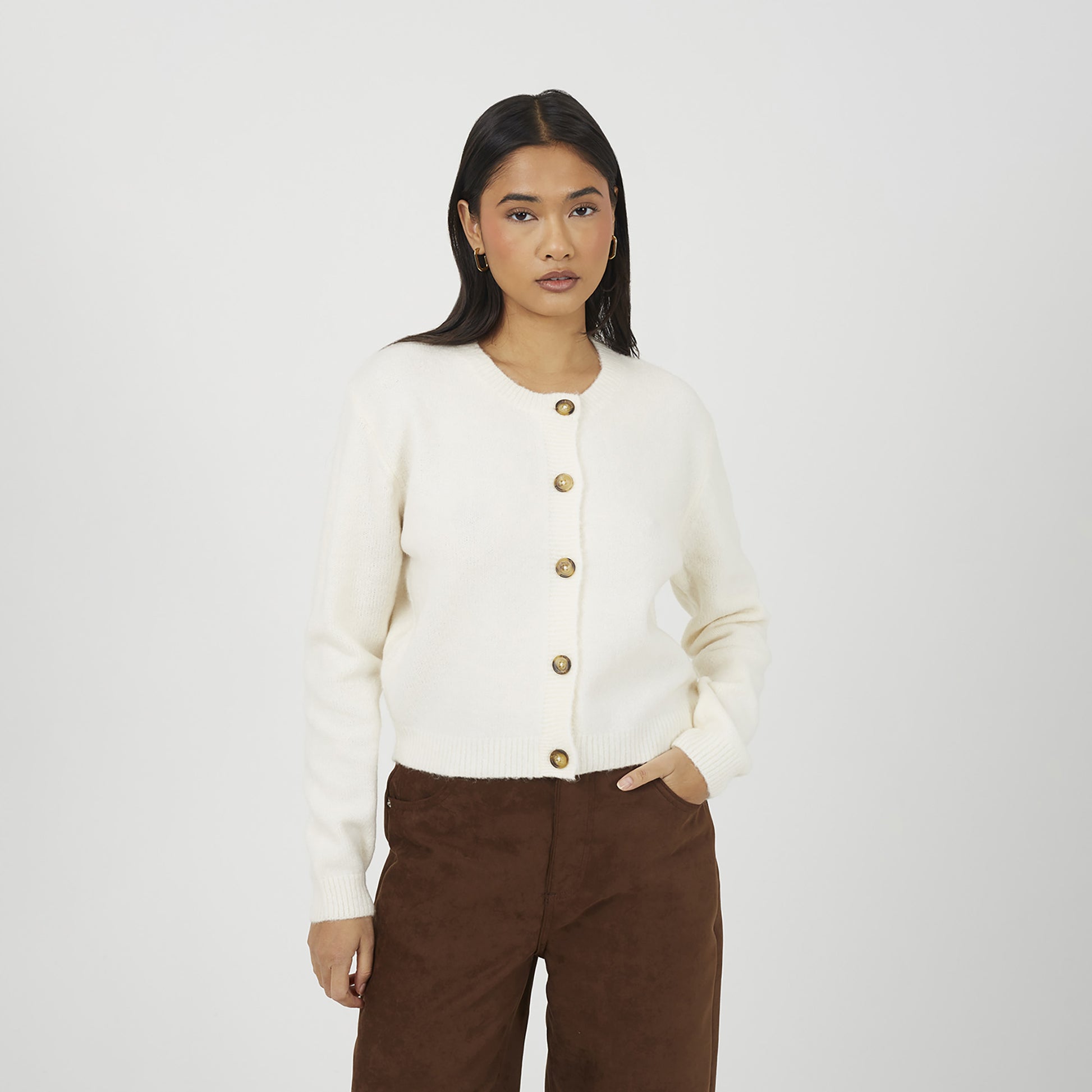 Brave Soul Off White Round Neck Jersey Knit Cardigan - Off White Image 1