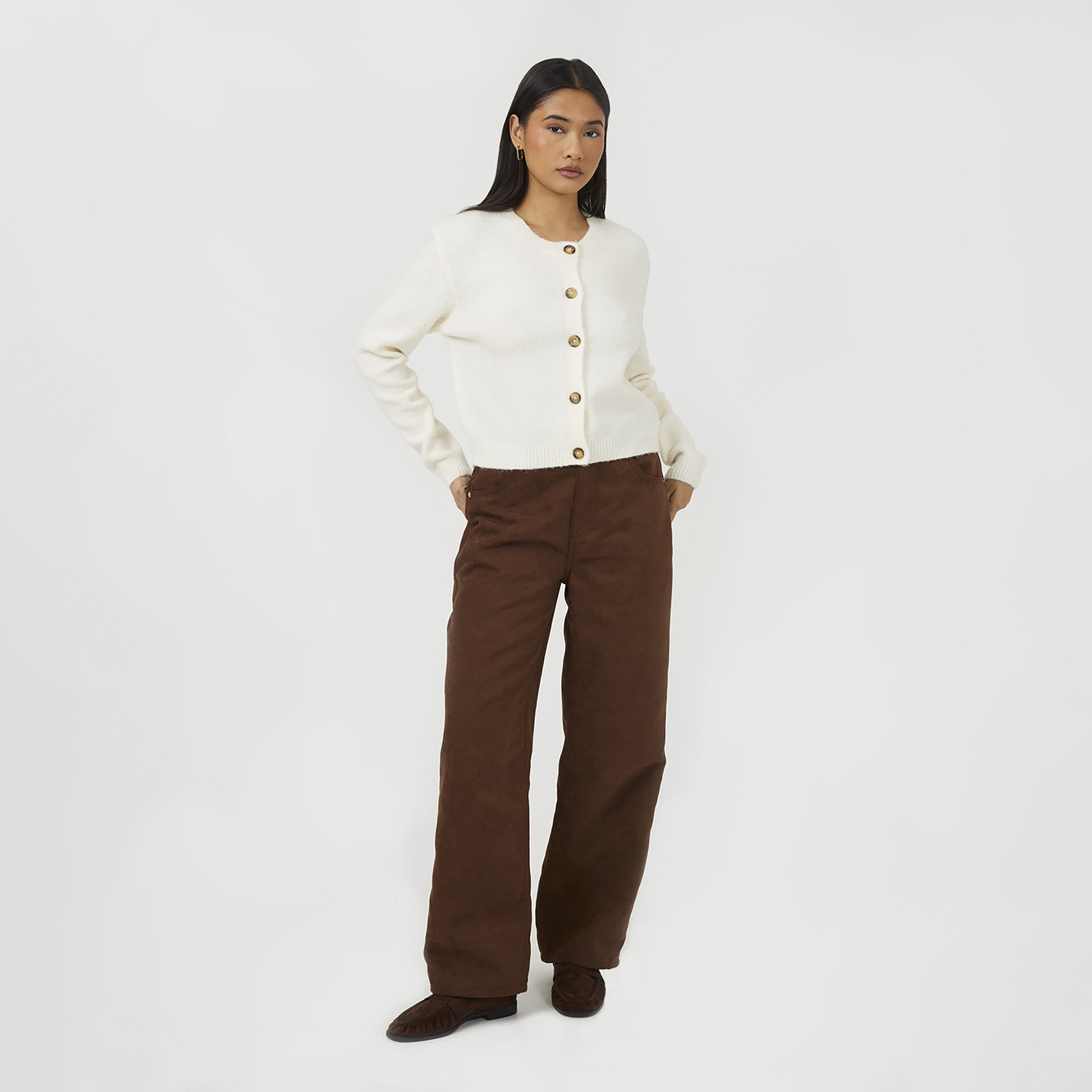 Brave Soul Off White Round Neck Jersey Knit Cardigan - Off White Image 3