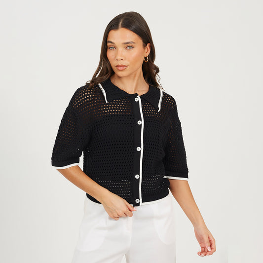 Brave Soul Black Loose Knit Collared Blouse - Black Image 1