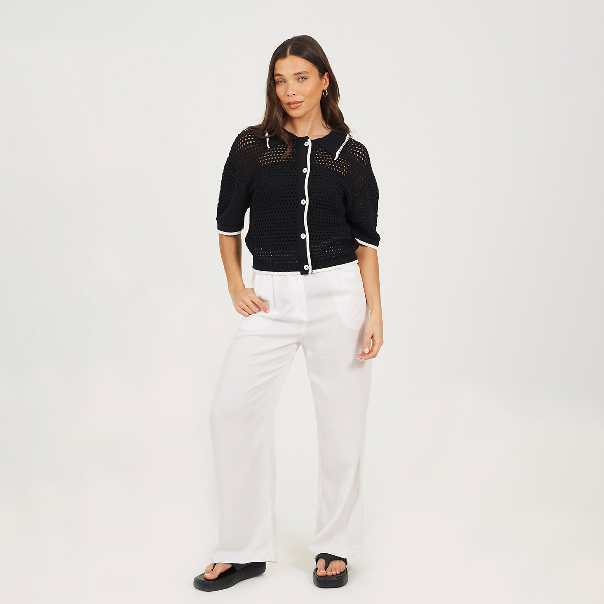 Brave Soul Black Loose Knit Collared Blouse - Black Image 3
