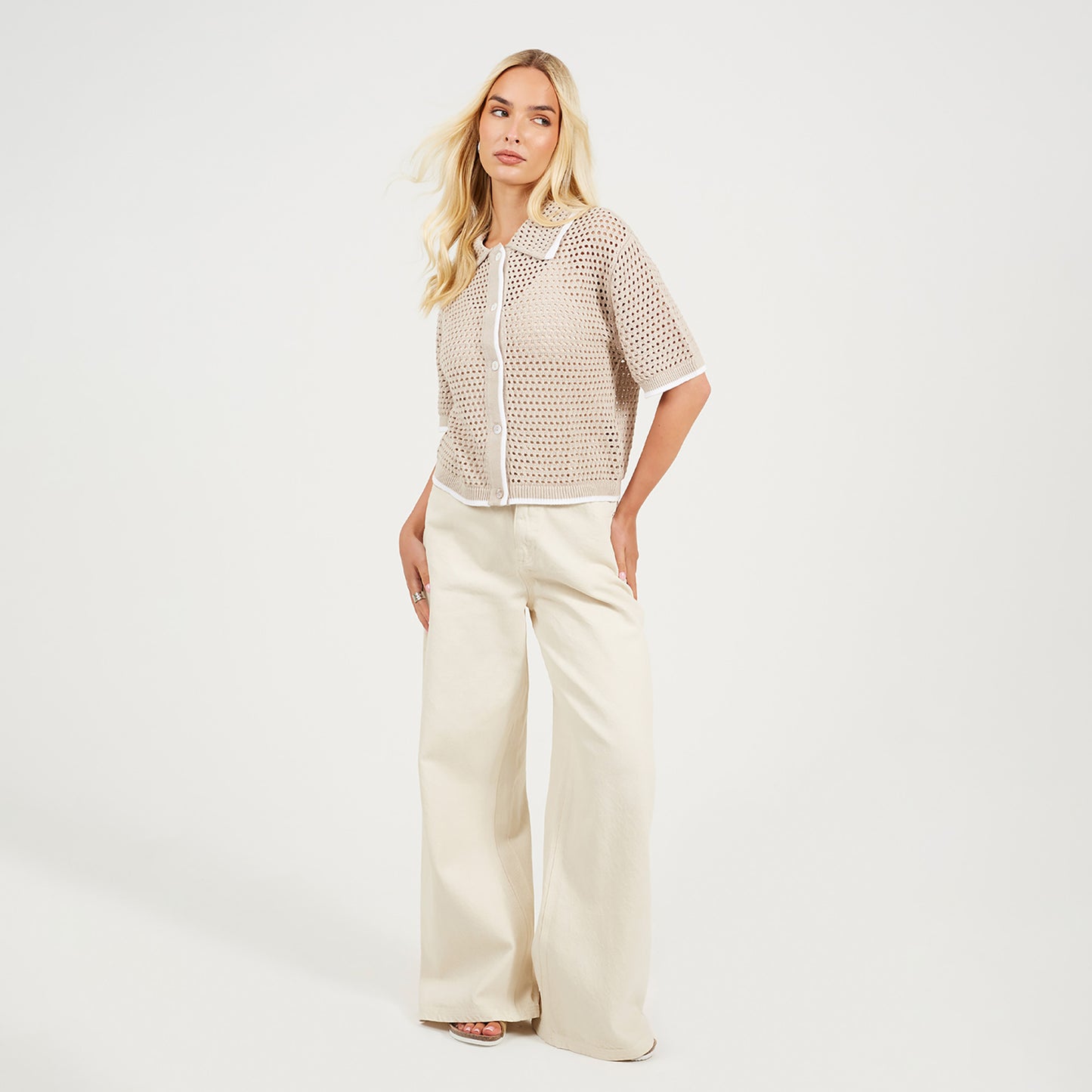 Brave Soul Stone Loose Knit Collared Blouse - Stone Image 3