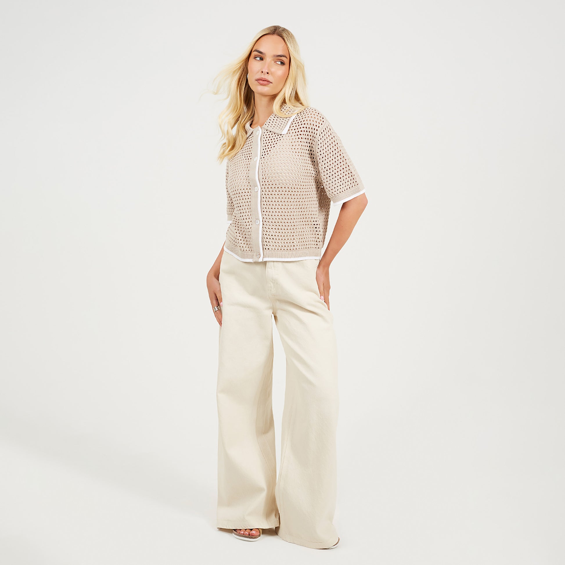 Brave Soul Stone Loose Knit Collared Blouse - Stone Image 3
