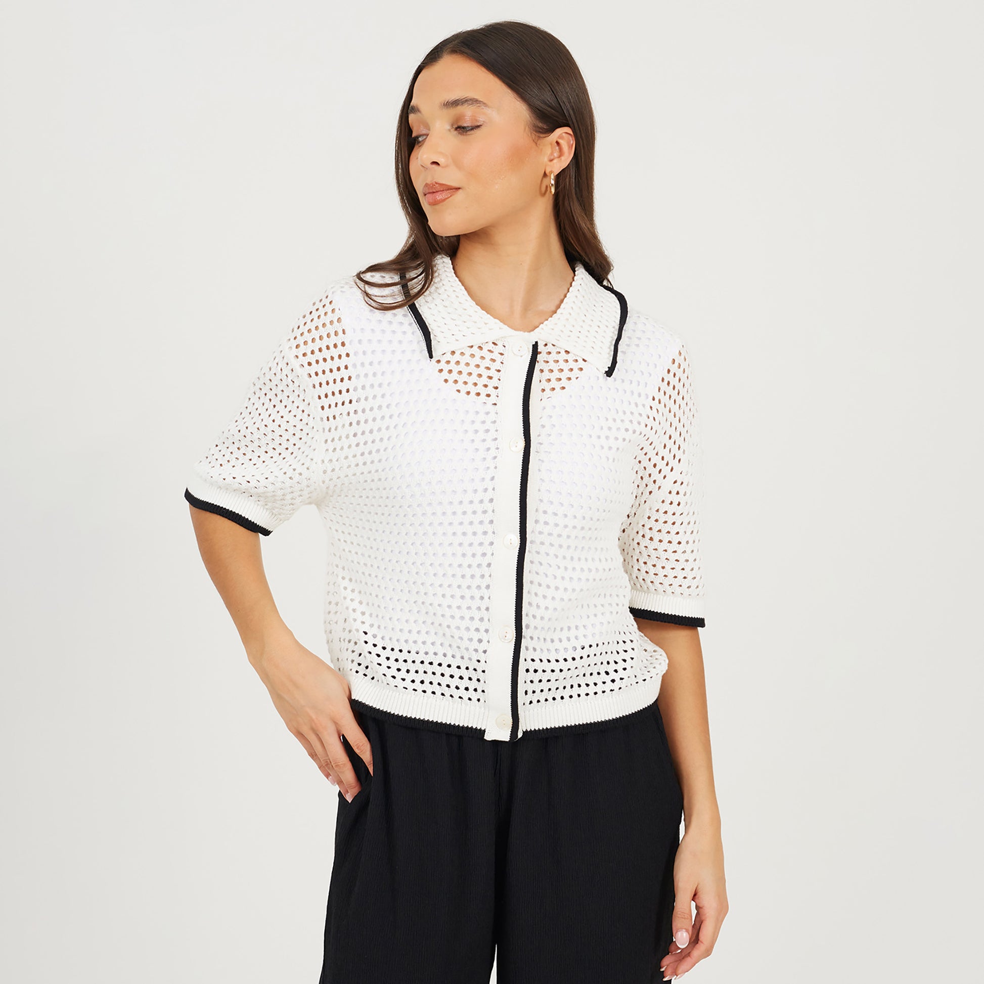 Brave Soul Cream Loose Knit Collared Blouse - Cream Image 1