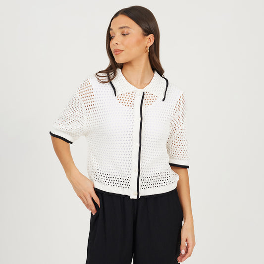 Brave Soul Cream Loose Knit Collared Blouse - Cream Image 1