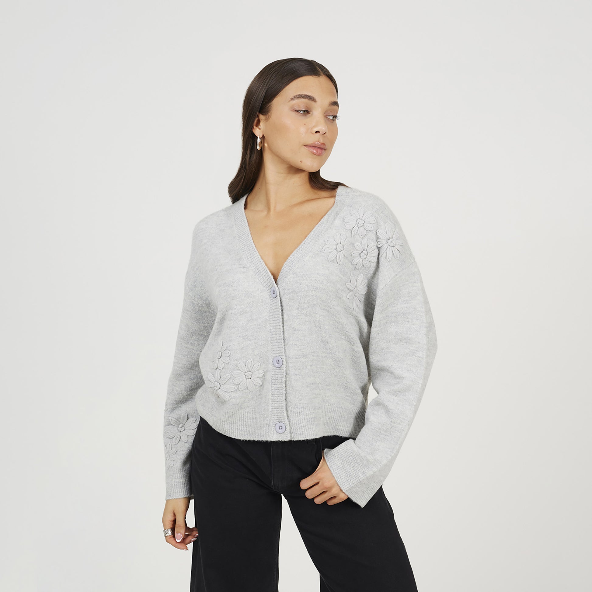 Brave Soul Light Grey Floral Embroidery V-Neck Cardigan - Light Grey Image 1