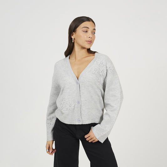 Brave Soul Light Grey Floral Embroidery V-Neck Cardigan - Light Grey Image 1