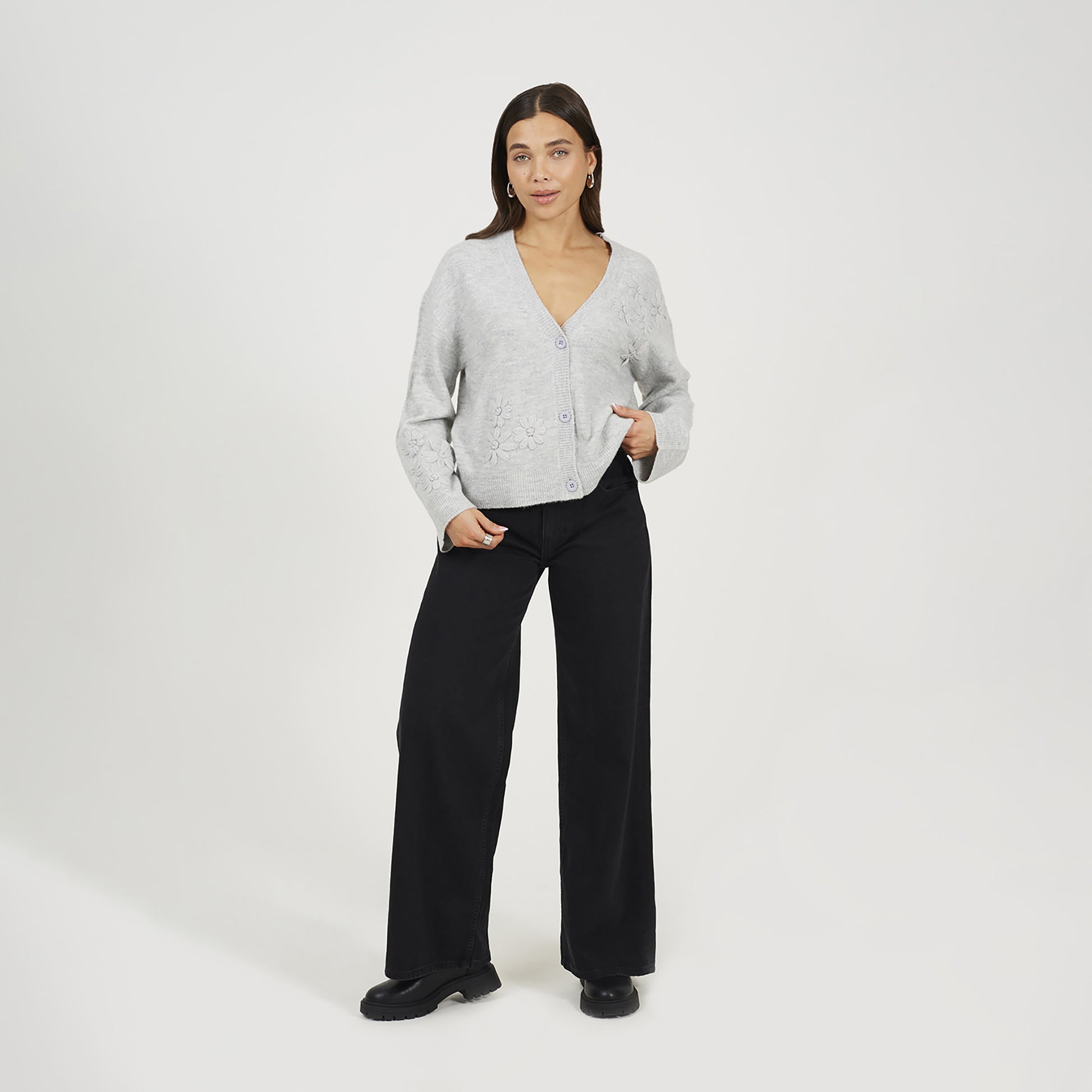 Brave Soul Light Grey Floral Embroidery V-Neck Cardigan - Light Grey Image 3