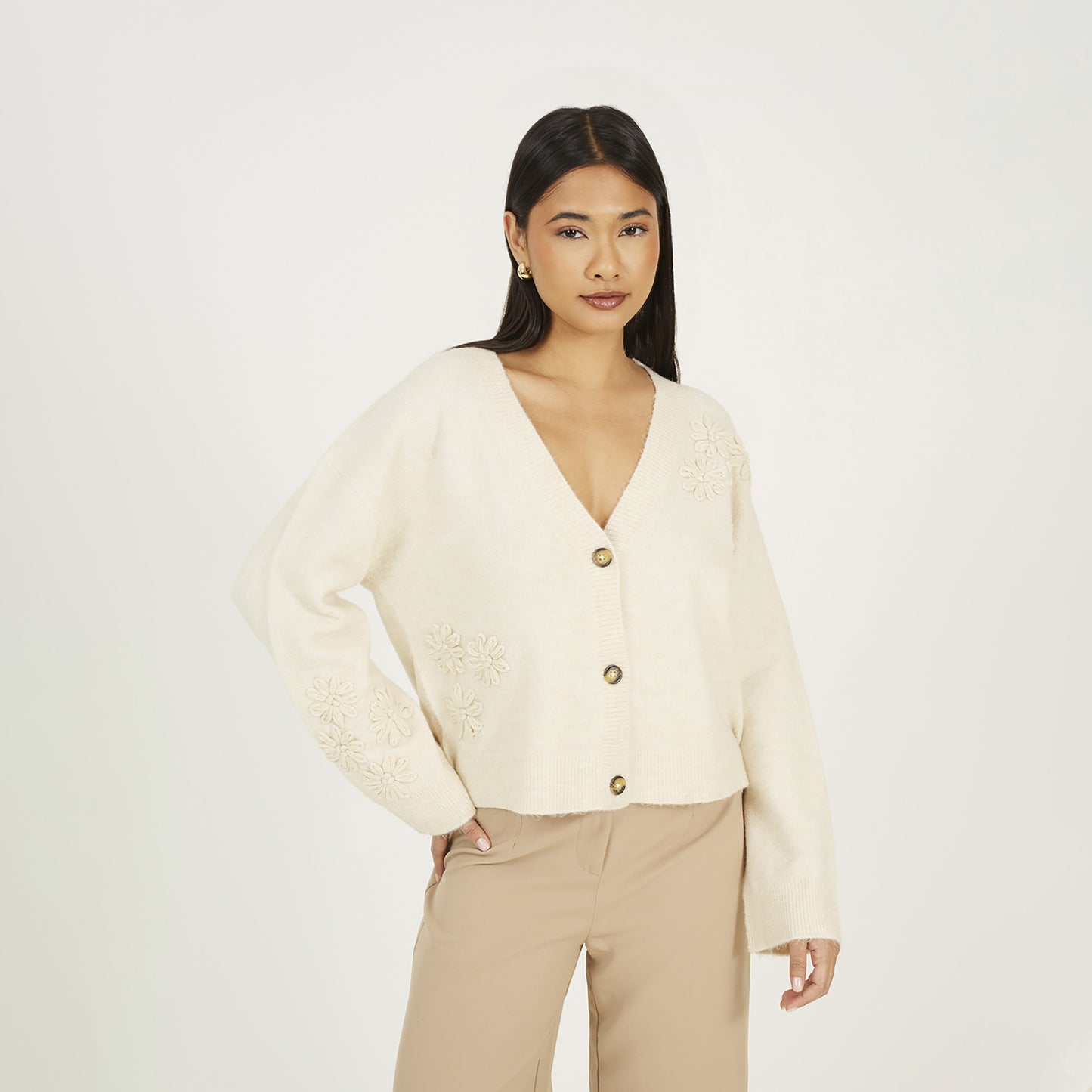 Brave Soul Stone Floral Embroidery V-Neck Cardigan - Stone Image 1