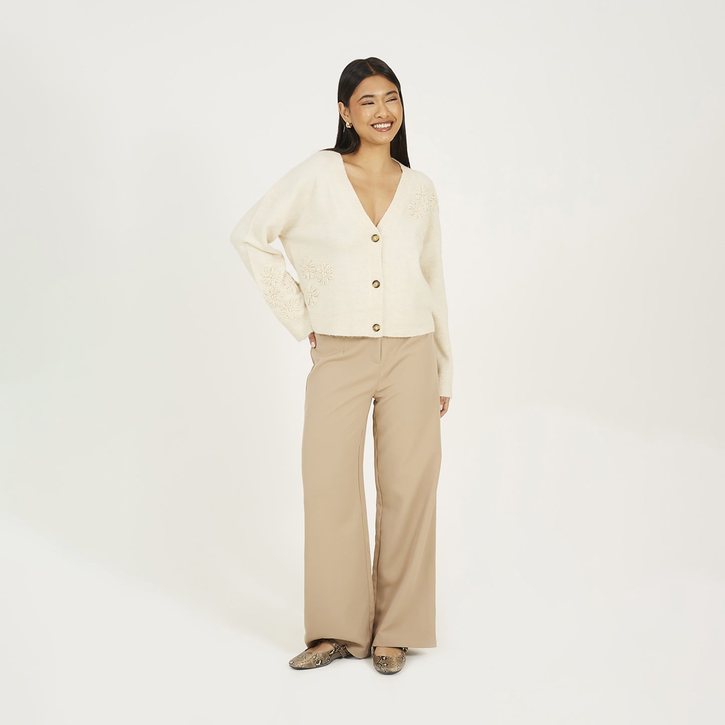 Brave Soul Stone Floral Embroidery V-Neck Cardigan - Stone Image 3