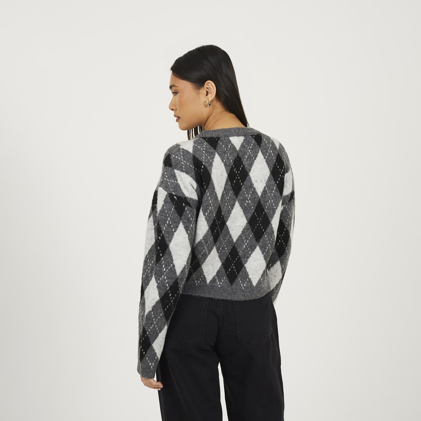 Brave Soul Grey Round Neck Argyle Knit Cardigan - Grey Image 2
