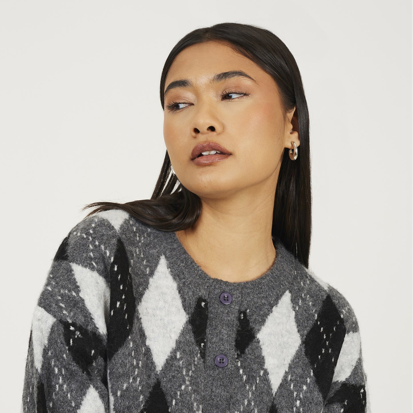 Brave Soul Grey Round Neck Argyle Knit Cardigan - Grey Image 4