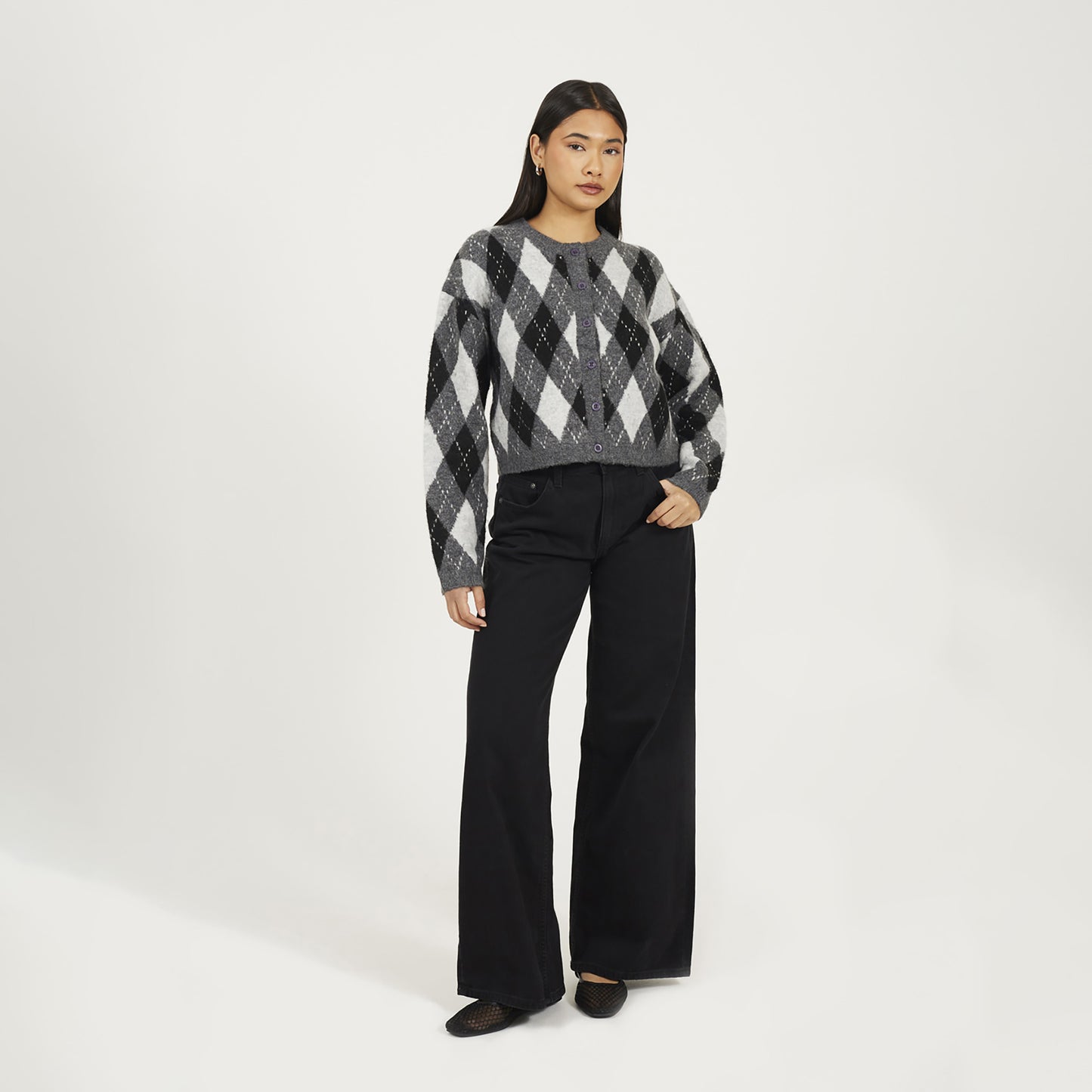 Brave Soul Grey Round Neck Argyle Knit Cardigan - Grey Image 3