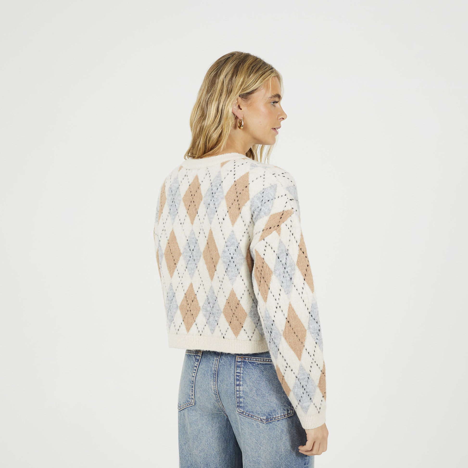 Brave Soul Cream Round Neck Argyle Knit Cardigan - Cream Image 2