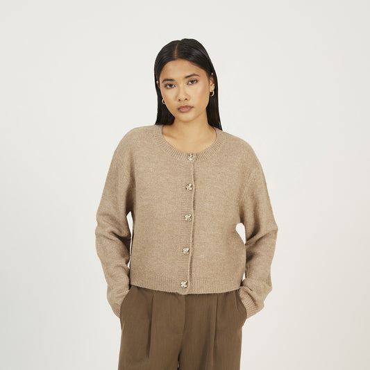 Brave Soul Taupe Round Neck Jersey Knit Cardigan - Taupe Image 1
