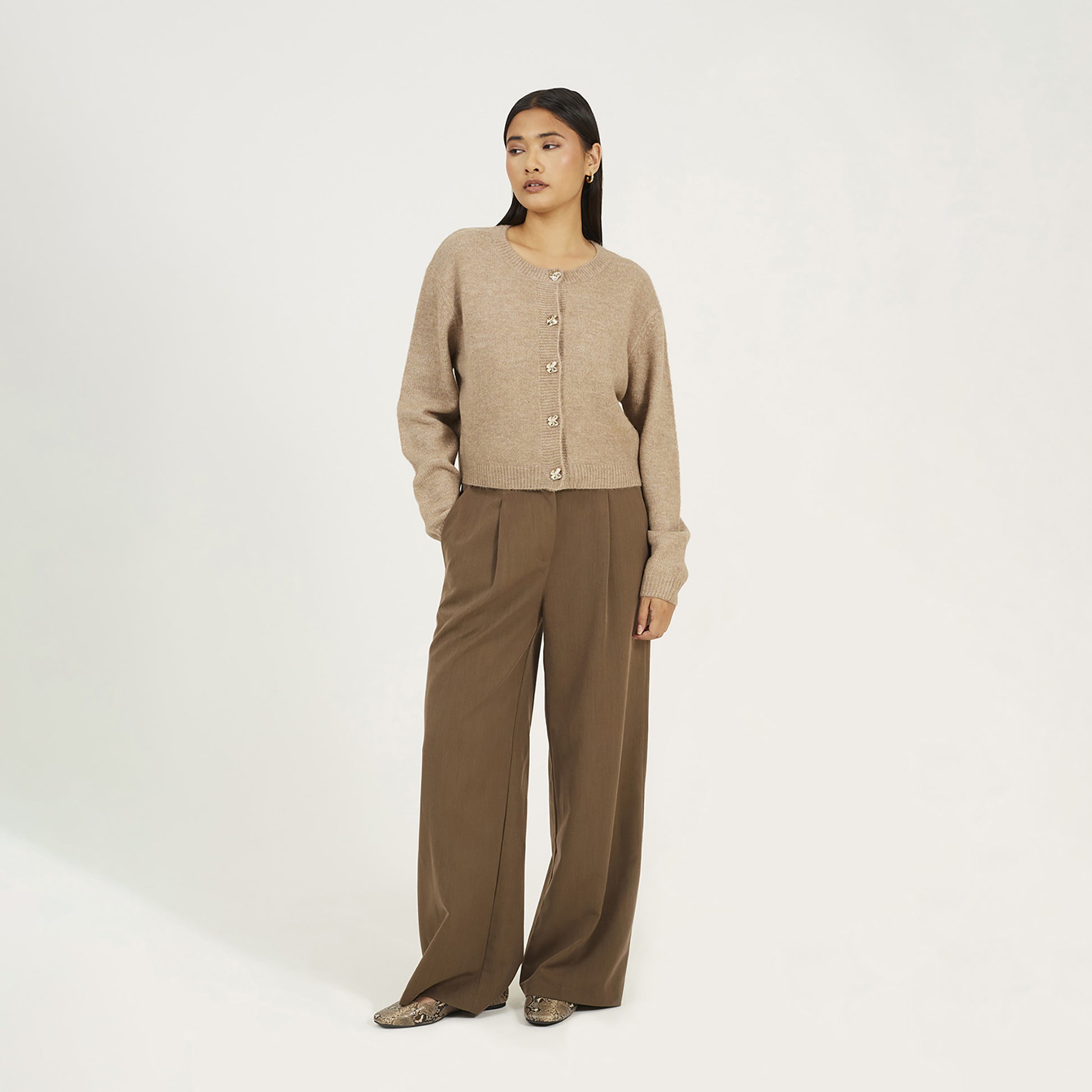 Brave Soul Taupe Round Neck Jersey Knit Cardigan - Taupe Image 3