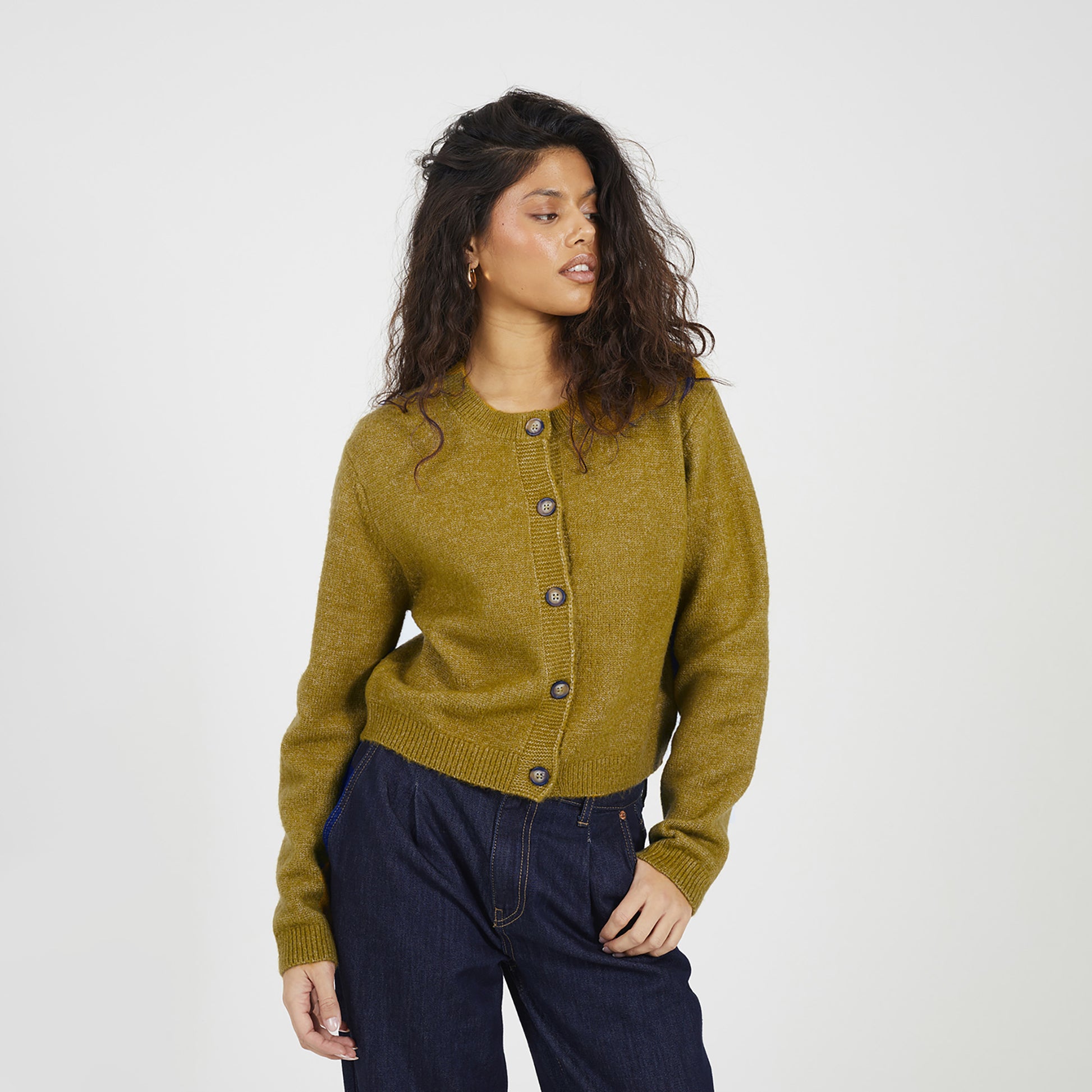 Brave Soul Olive Round Neck Jersey Knit Cardigan - Olive Image 1