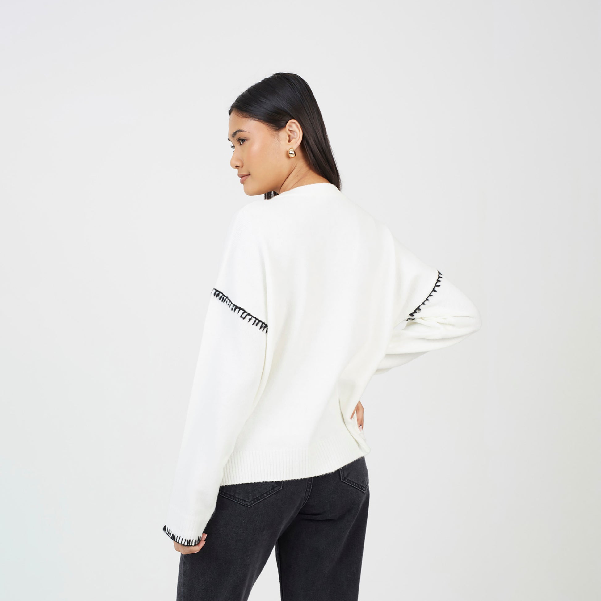Brave Soul Ivory Contrast Stitch Button Through V-neck Cardigan - Ivory Image 2