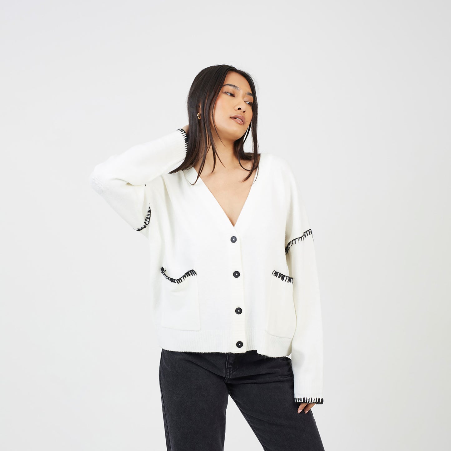 Brave Soul Ivory Contrast Stitch Button Through V-neck Cardigan - Ivory Image 1