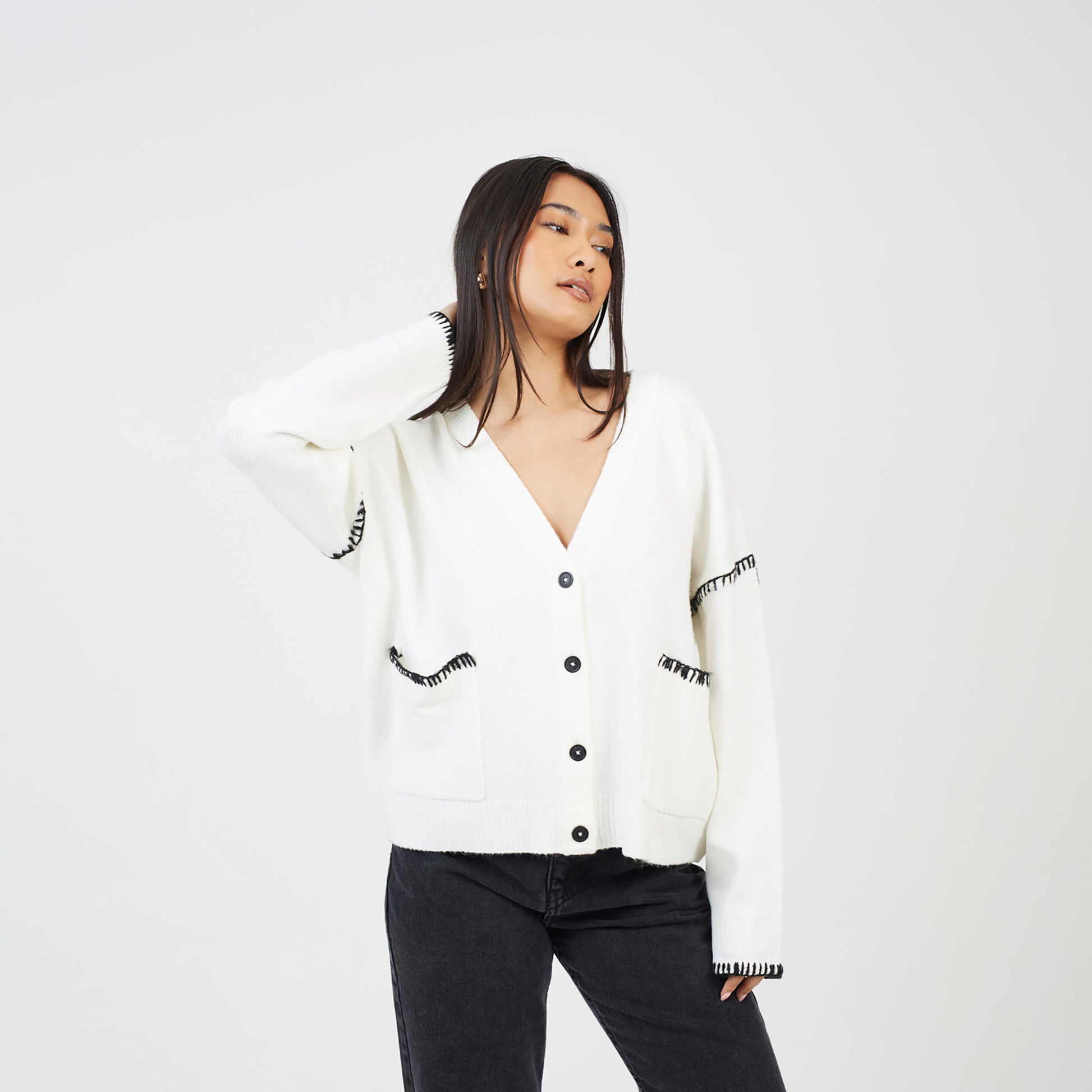 Brave Soul Ivory Contrast Stitch Button Through V-neck Cardigan - Ivory Image 1
