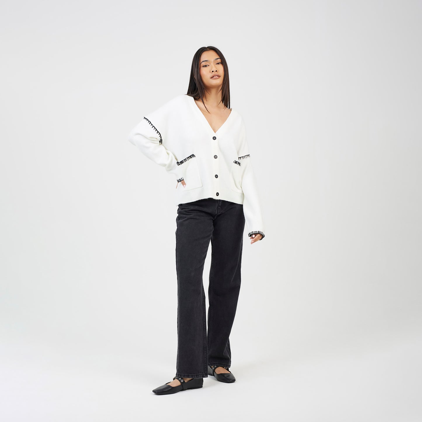Brave Soul Ivory Contrast Stitch Button Through V-neck Cardigan - Ivory Image 3
