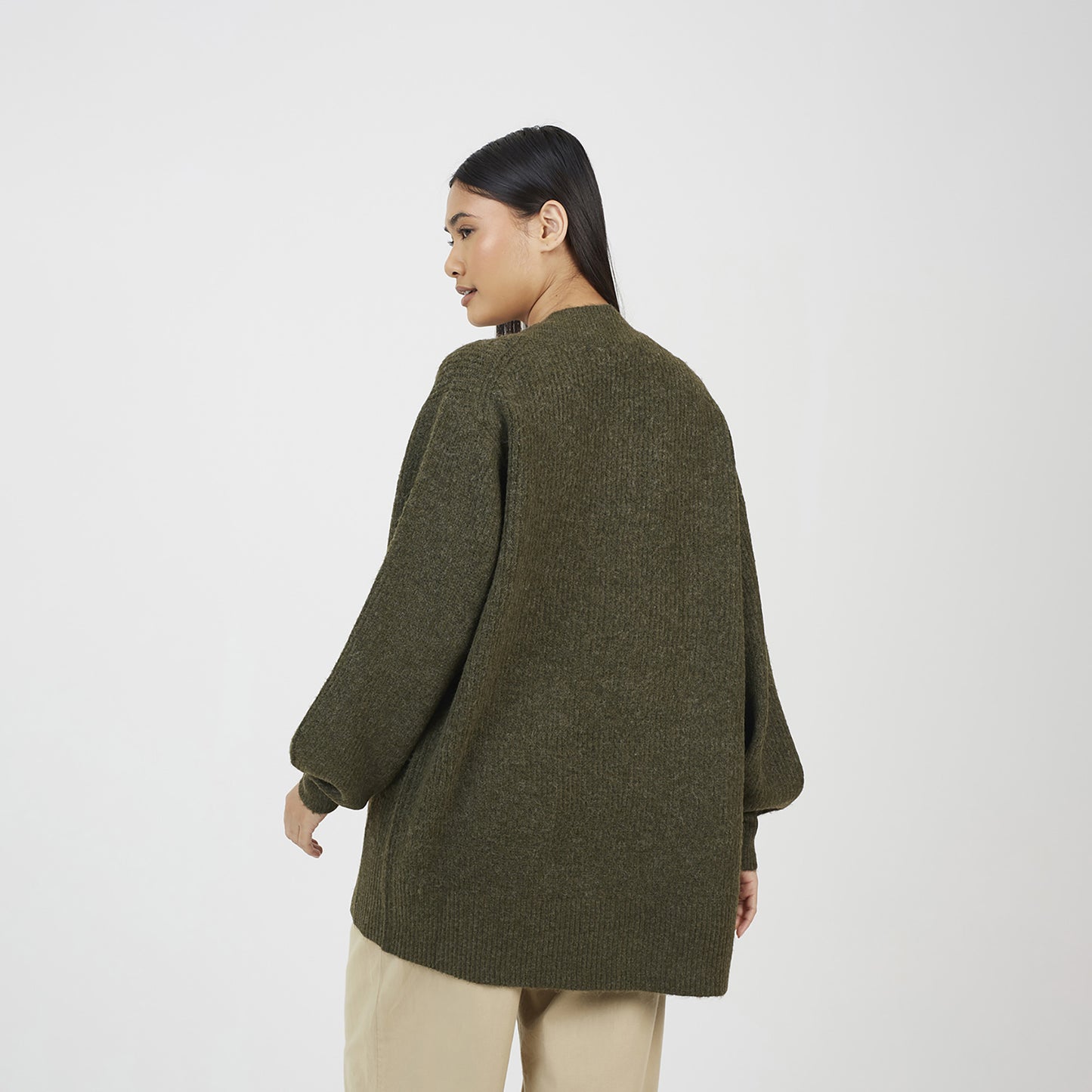 Brave Soul Khaki Fisherman Knit Dropped Shoulder Cardigan - Khaki Image 2