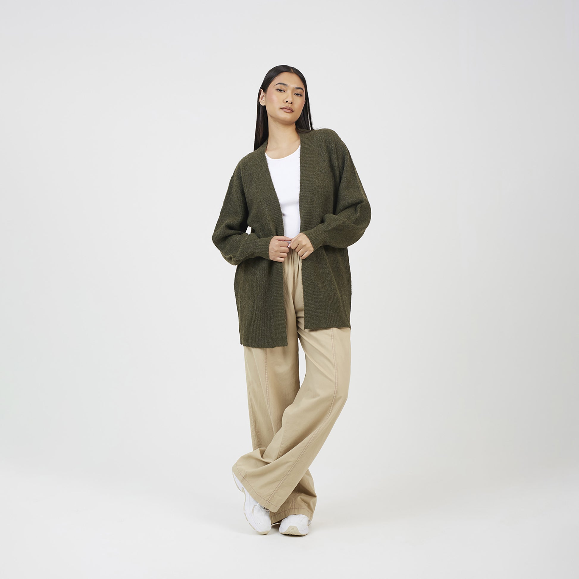Brave Soul Khaki Fisherman Knit Dropped Shoulder Cardigan - Khaki Image 3