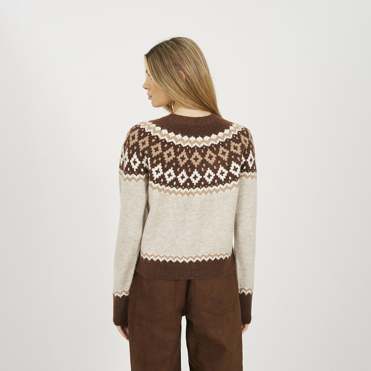 Brave Soul Taupe Crew Neck Fairisle Knit Cardigan - Taupe Image 2