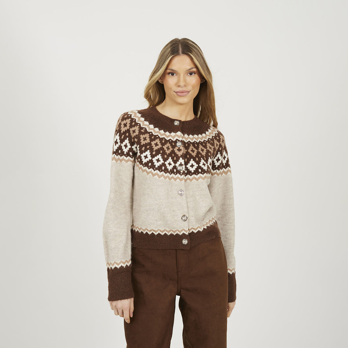 Brave Soul Taupe Crew Neck Fairisle Knit Cardigan - Taupe Image 1