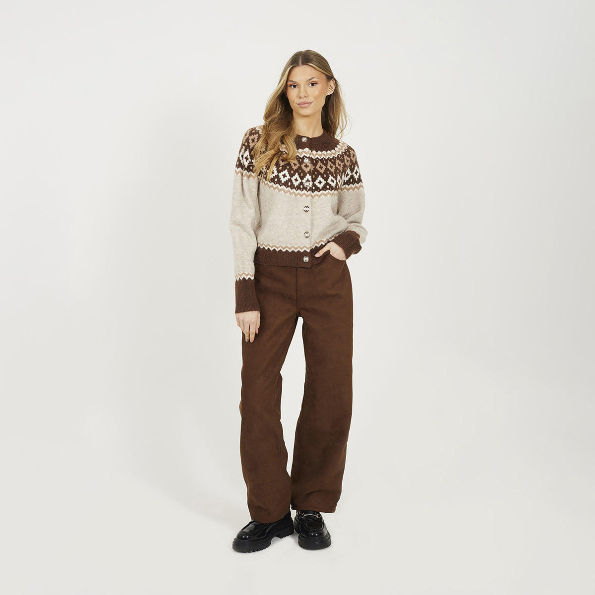 Brave Soul Taupe Crew Neck Fairisle Knit Cardigan - Taupe Image 3