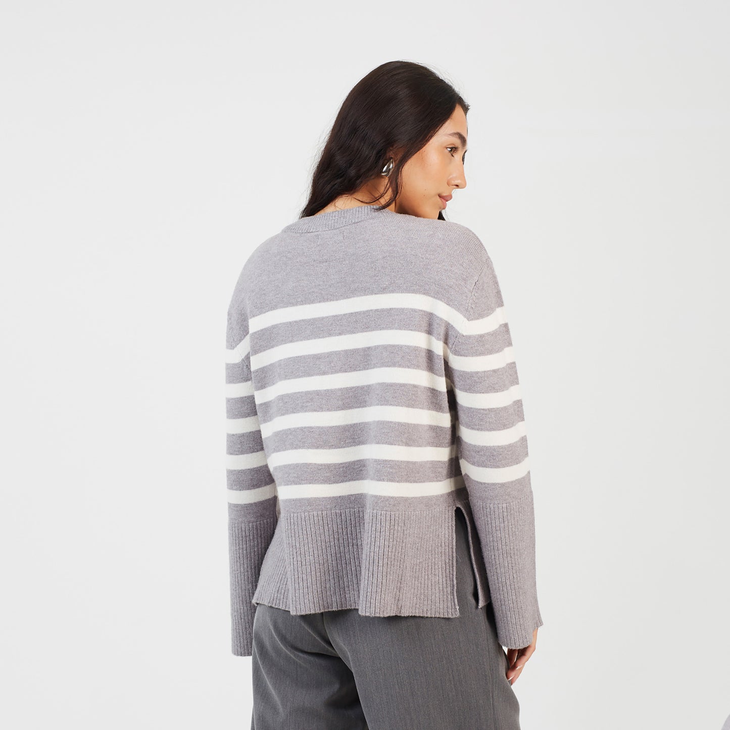 Brave Soul Grey Button Through V-neck Stripe Cardigan - Grey Image 2
