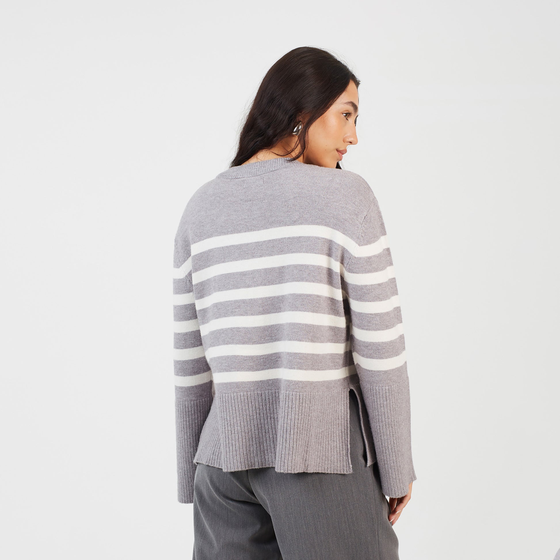 Brave Soul Grey Button Through V-neck Stripe Cardigan - Grey Image 2