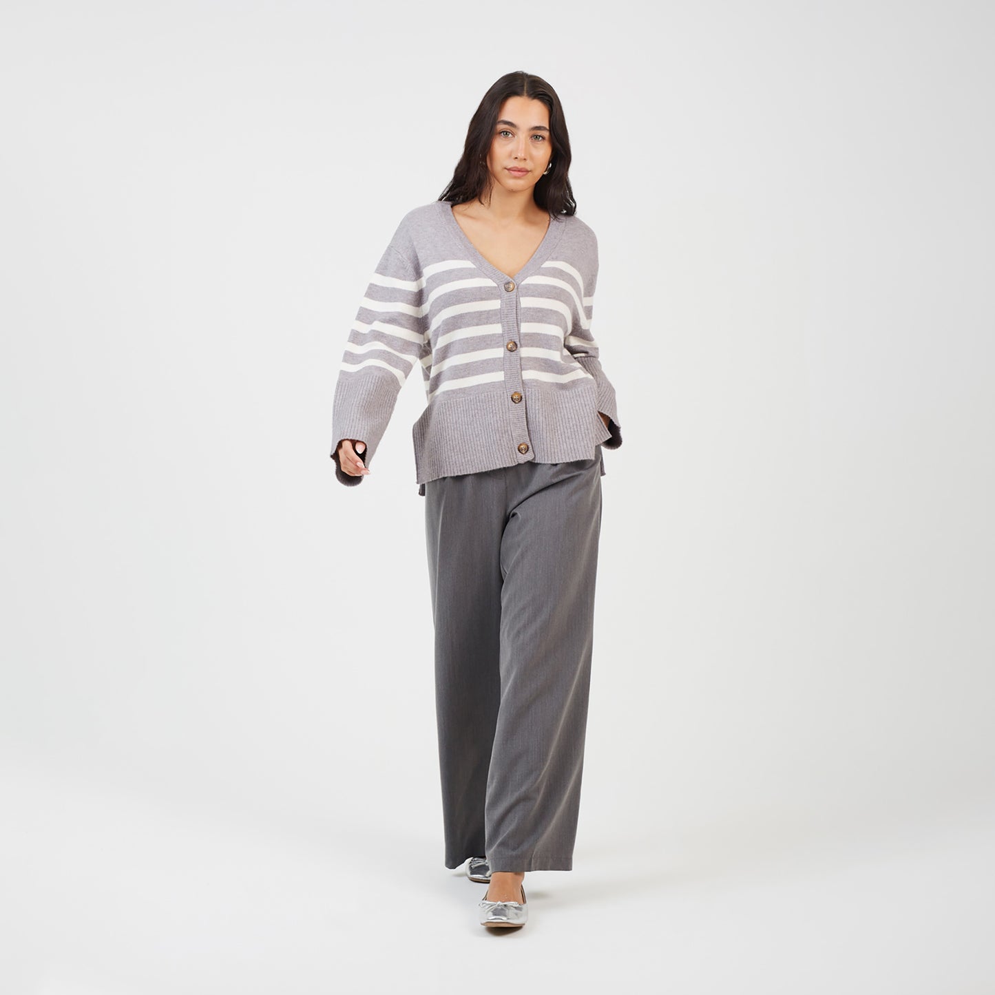 Brave Soul Grey Button Through V-neck Stripe Cardigan - Grey Image 3