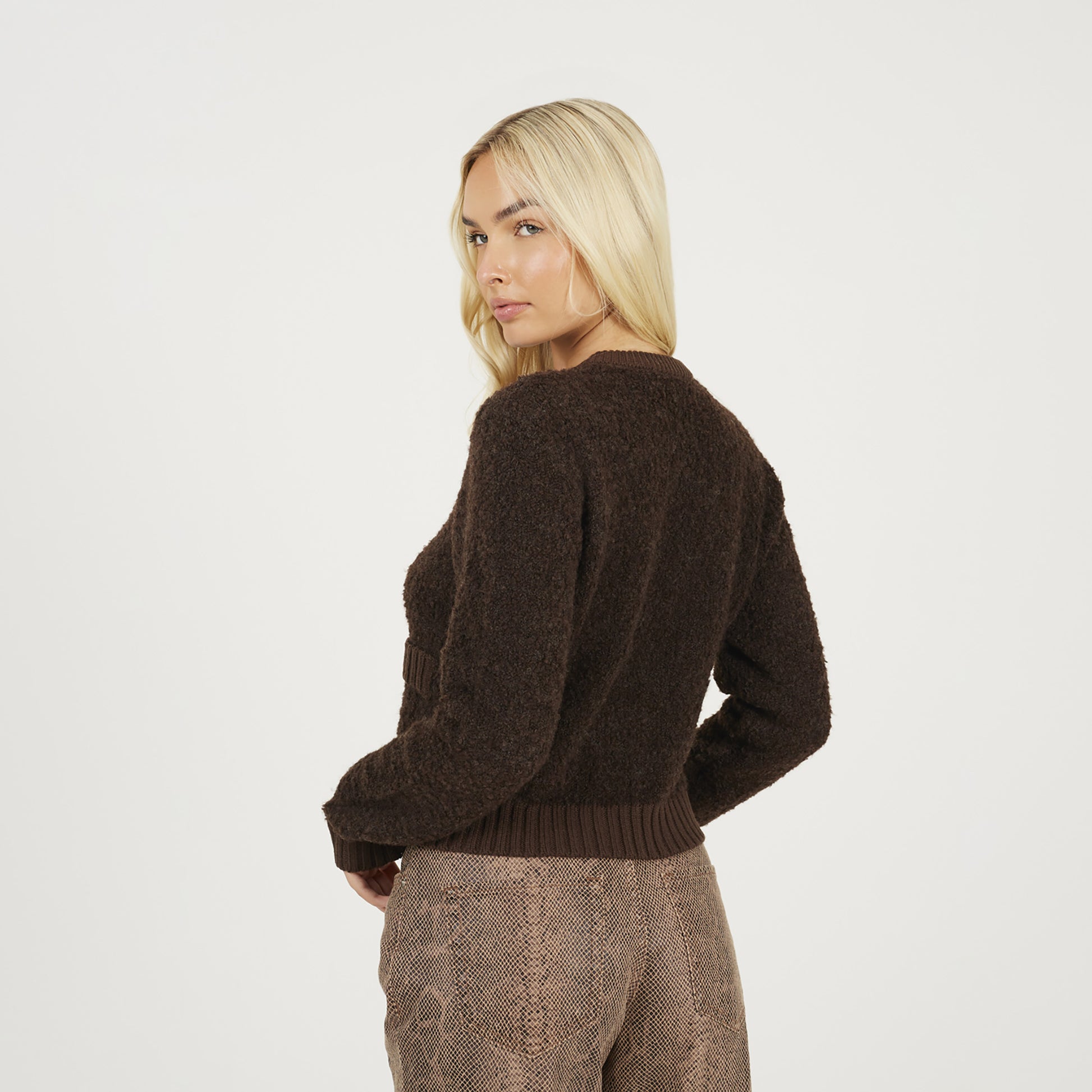 Brave Soul Chocolate Button Through Boucle Cardigan - Chocolate Image 2