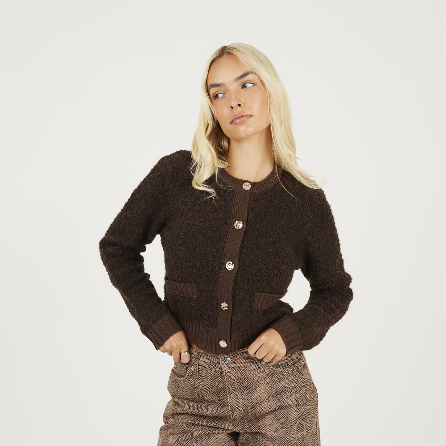 Brave Soul Chocolate Button Through Boucle Cardigan - Chocolate Image 1