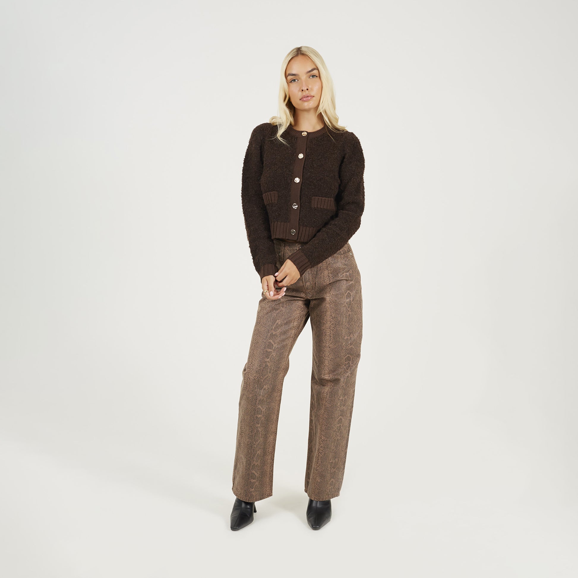 Brave Soul Chocolate Button Through Boucle Cardigan - Chocolate Image 3