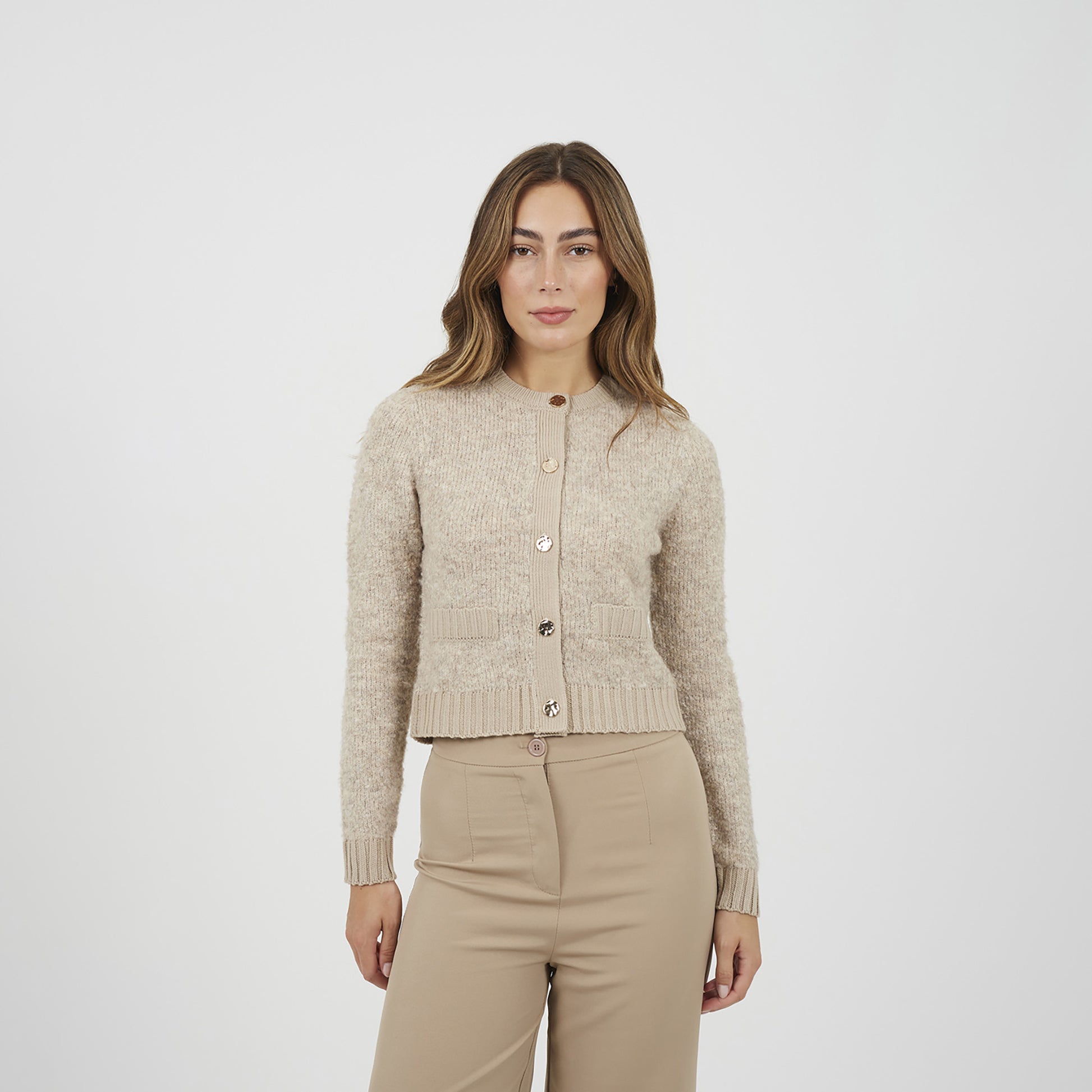 Brave Soul Beige Button Through Boucle Cardigan - Beige Image 1