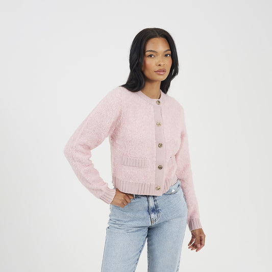 Brave Soul Pink Button Through Boucle Cardigan - Pink Image 1